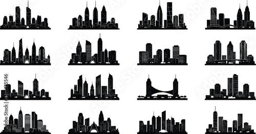 Collection of modern city skyline silhouettes, urban architecture icons, skyscraper outlines, metropolitan buildings, cityscape design elements, urban skyline vector graphics