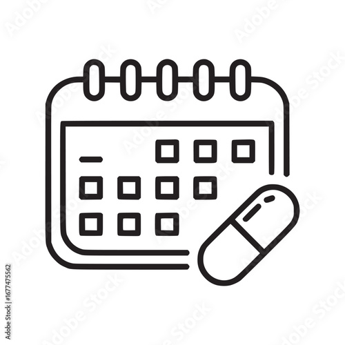 Outline drawing of a calendar with squares and a pill representing medication schedule and reminders