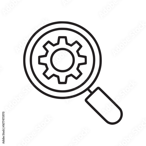 Outline drawing of a magnifying glass with a gear inside representing search engine optimization