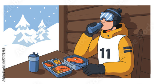 Winter sports athlete enjoying a nutritious meal break with salmon and vegetables at a snowy mountain resort illustration
