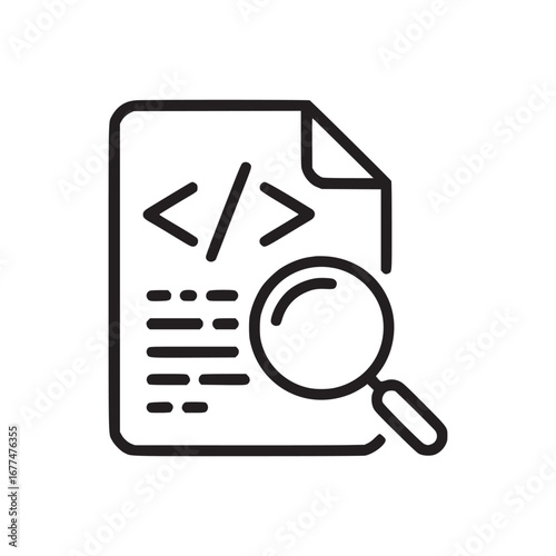 Iconic representation of code review with a document and magnifying glass in black and white style