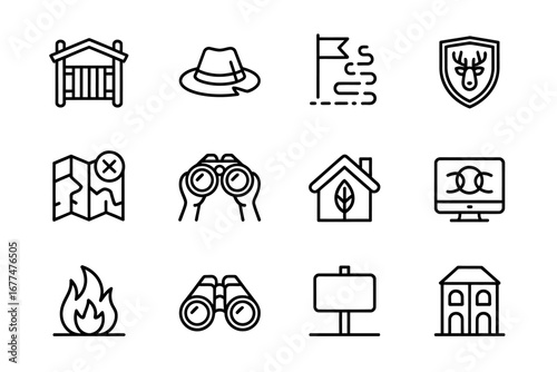 Collection of Line Art Vector Icons Representing Hunting, Camping, and Wilderness Exploration