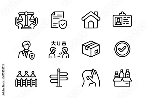 Minimalist Icons Set for Legal, Protection, Home, Identification, Support, Package, Agreement, Direction, and Emotions