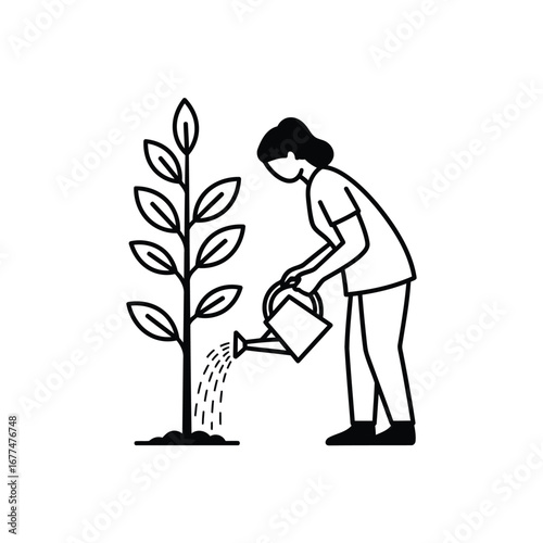 A woman is watering a young tree, promoting growth and nurturing the plant in an outdoor setting.