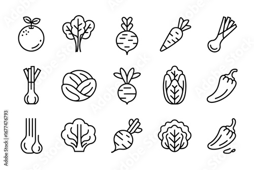 Variety of Fresh Vegetable Icons Outlined Produce in a Minimalist Design (Healthy Eating, Vegan Cuisine)