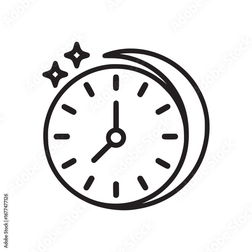 Illustration of an analog clock with stars and moon on a white background in black outline style
