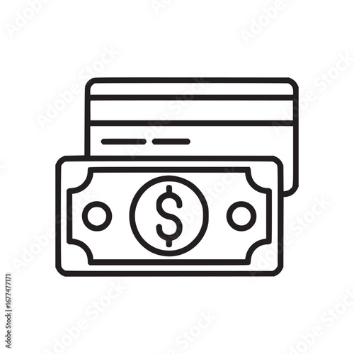 Outline illustration of a credit card and a dollar bill on a white background design element