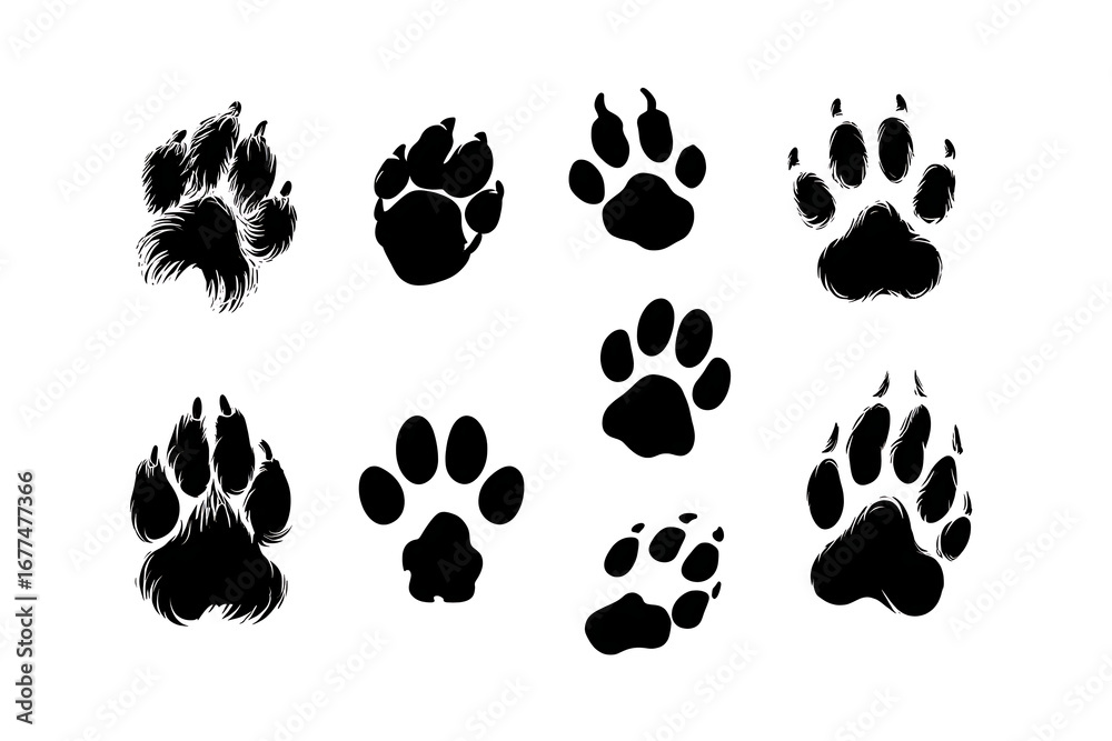 Fototapeta premium Collection of various animal paw prints displayed in a grid format on a clean white background