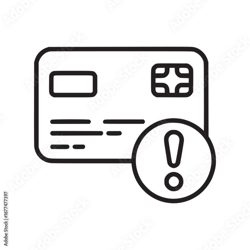Outline icon of a credit card with rounded corners and an exclamation mark in a circle next to it