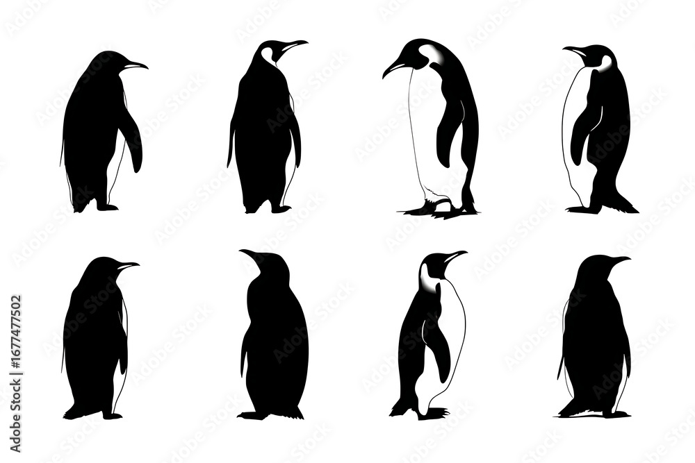 Naklejka premium Silhouettes of Penguins Displaying Various Poses Against a White Background