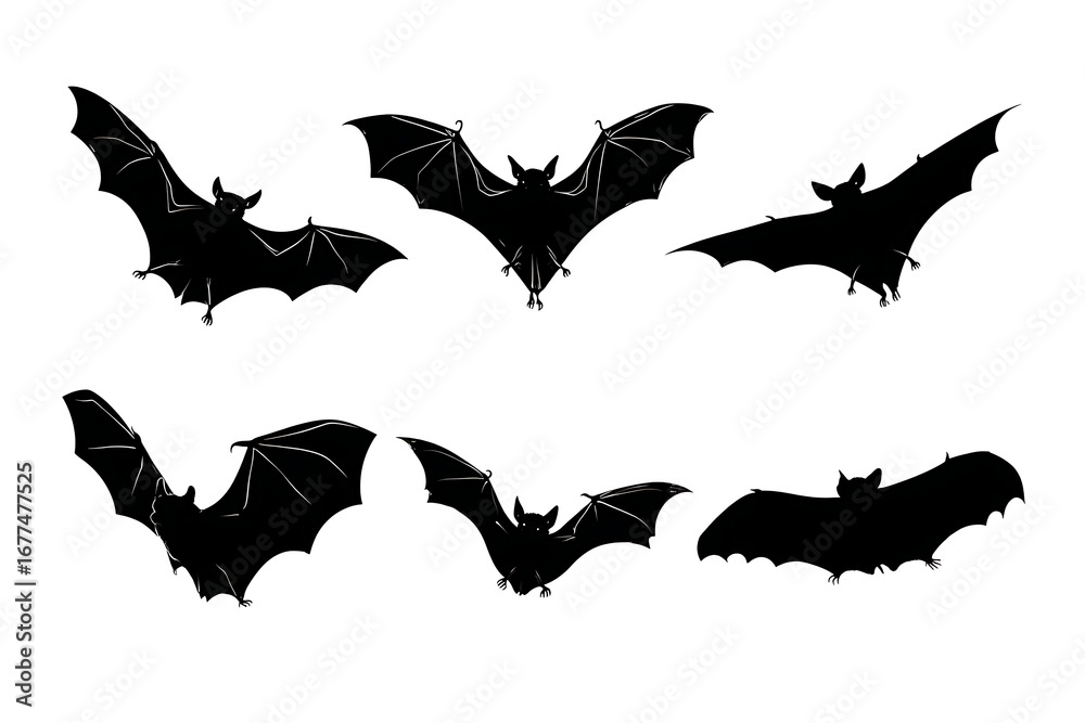 Naklejka premium Silhouettes of bats in various flying poses against a plain background, showcasing their wingspan