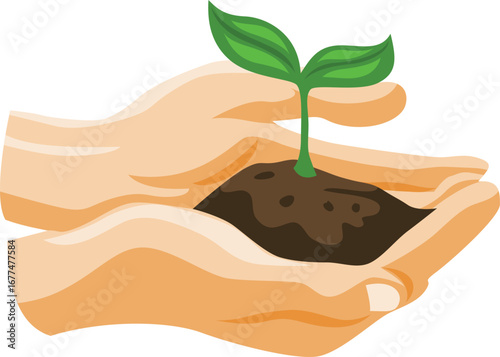 Green sapling growing from earth with stylized leaves and roots for environmental projects