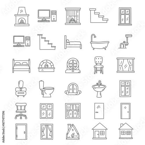 Line art icons of various household furniture, fixtures, and architectural elements for home design and interior planning.