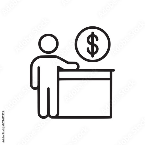 A simple line art illustration of a person making a financial transaction at a counter with dollar sign