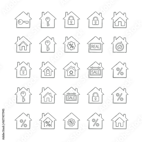 Set of house icons with different symbols for real estate and mortgage.