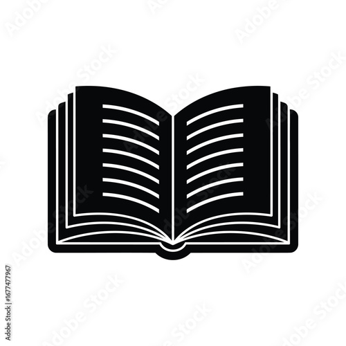 A black silhouette icon of an open book with fanned pages and lines representing text, isolated on a white background.