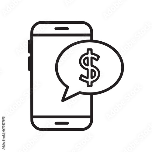 A line drawing of a smartphone with a dollar sign in a speech bubble on a white background
