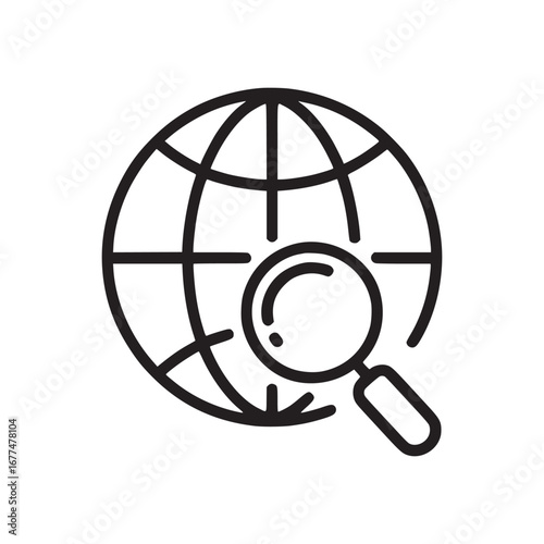 A simple black and white line drawing of a globe with a magnifying glass on a white background space