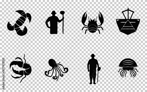 Marine life silhouettes and fishermen illustrations in black and white design displayed for artistic inspiration