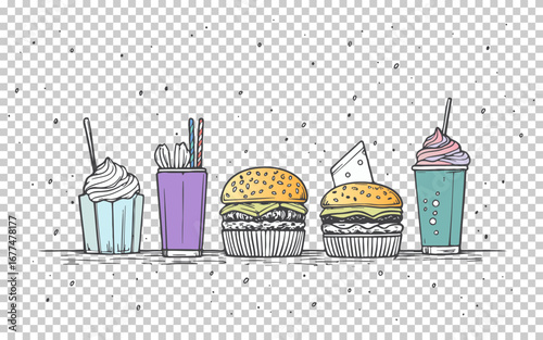 Colorful desserts and drinks arranged on a table with playful design elements