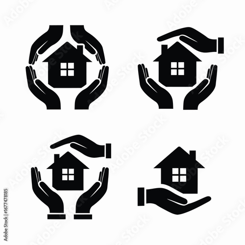Four house protection icons with hands surrounding a house in different arrangements.