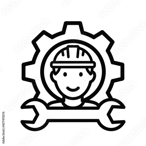 Engineer with hard hat in front of gear and wrench icon illustration.