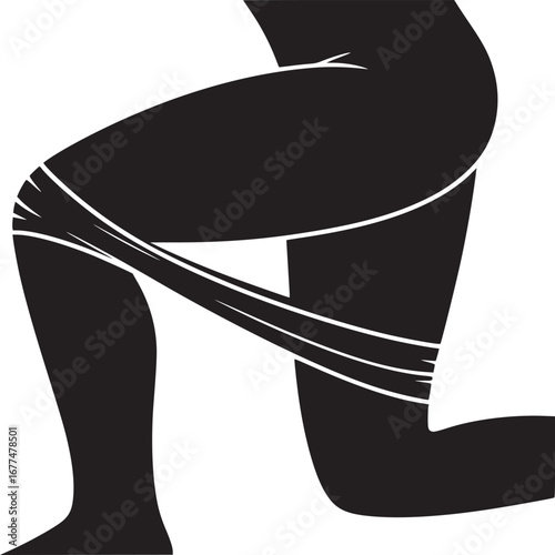 A silhouette of a person kneeling with a resistance band around their legs in black and white
