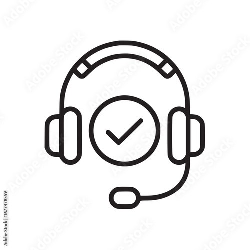 Outline icon of a headset with a check mark inside a circle on a white background illustration
