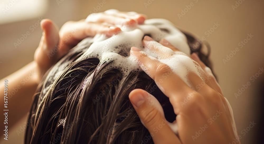 Naklejka premium Closeup of hands massaging shampoo into wet hair, creating a lather of foam