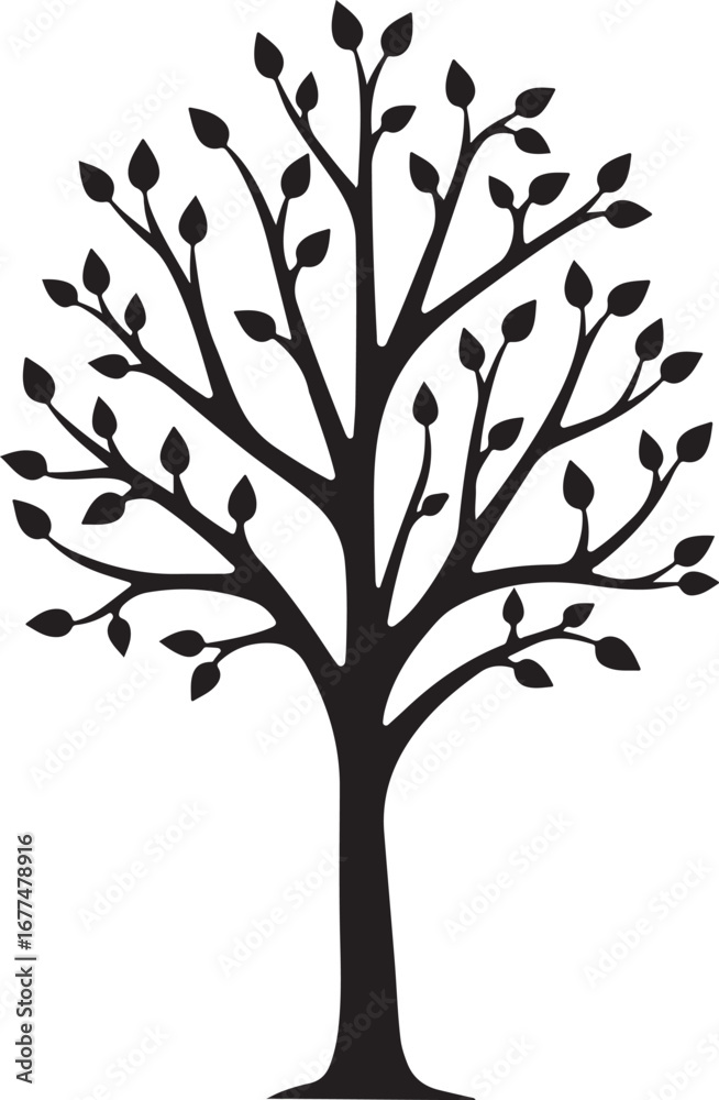 Obraz premium Elegant Tree Silhouette with Leaves – Nature Vector ArtLeafy Tree Silhouette – Black Tree Design ElementStylized Tree with Leaves – Decorative Nature Illustration