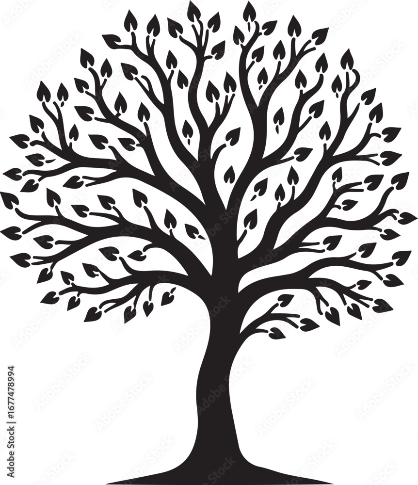 Fototapeta premium Elegant Tree Silhouette with Leaves – Nature Vector ArtLeafy Tree Silhouette – Black Tree Design ElementStylized Tree with Leaves – Decorative Nature Illustration