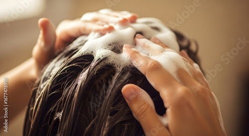 Closeup of hands massaging shampoo into wet hair, creating a lather of foam