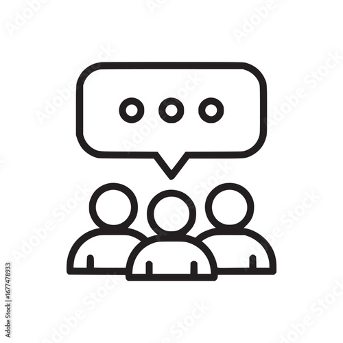 Three people icon with a speech bubble containing three dots in black and white simple illustration