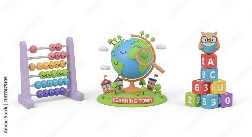 Obraz premium A collection of educational toys including an abacus, a globe with a magnifying glass, and alphabet and number blocks topped with an owl.
