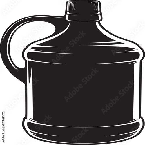 A black and white graphic illustration of a jug with a handle and a screw on top on a white background