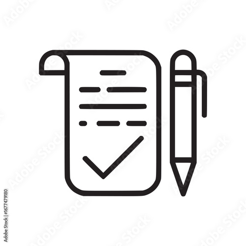 A black and white line art illustration of a document with a checkmark and a pen beside it