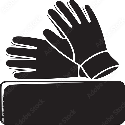 A pair of black gloves resting on a rectangular object in a minimalist black and white design style