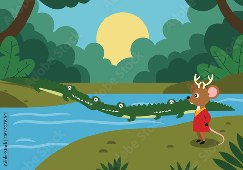 A clever mouse deer tricks a line of crocodiles into forming a bridge across a jungle river in a classic folktale illustration.