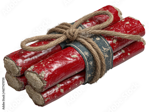 Bundle of Four Red Dynamite Sticks with Twine on Transparent Background