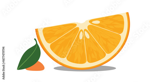A bright sliced orange with a leaf and a small piece of fruit