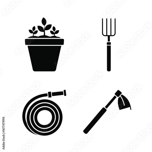 Black silhouettes of essential gardening tools and a potted plant, including a fork, hose, and hoe, on a white background.