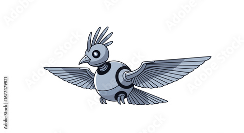 Metallic avian creature in mid flight with stylized wings and mechanical body details
