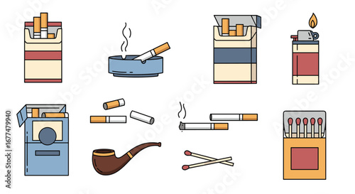 A collection of vintage tobacco smoking accessories and supplies presented in a pixel art style