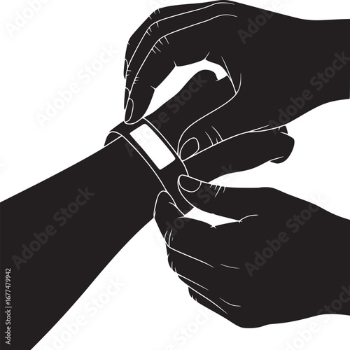 Close up of two hands putting on a smart watch or fitness tracker on a wrist in black and white