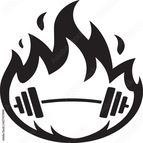 A black and white graphic of a barbell engulfed in flames on a plain white background design element
