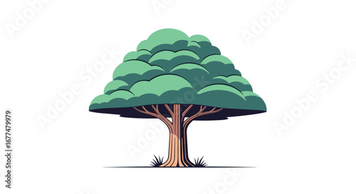A pixel art deciduous tree with a broad leafy canopy and a sturdy trunk stands against a white background