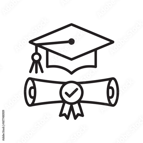 Illustration of a graduation cap with tassel and a diploma with a checkmark ribbon design icon