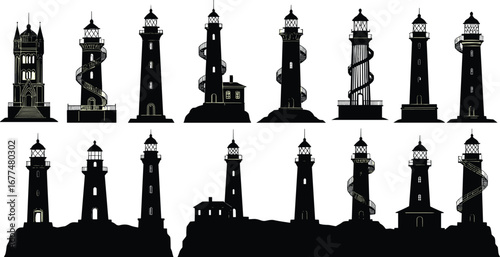 Collection of vintage lighthouse silhouettes with spiral stairs, black vector icons, maritime beacons, coastal navigation towers, nautical building design