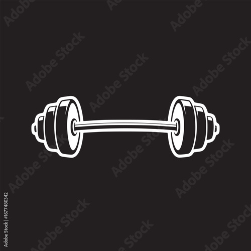 A barbell with plates on both sides in white outline against a solid black color background view