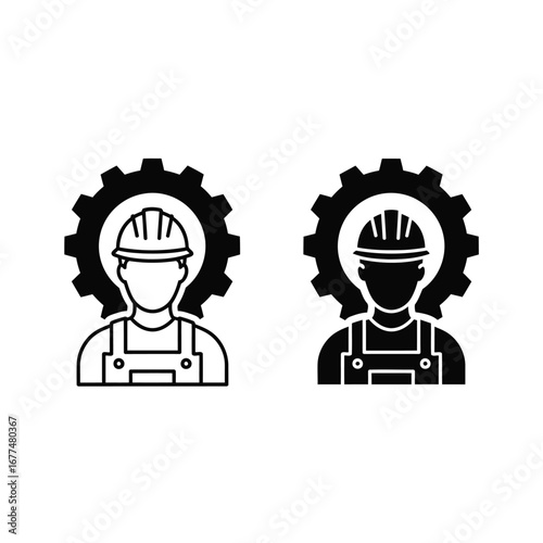 Industrial worker icons with a hard hat and overalls, set against a gear, in both line and solid glyph styles.